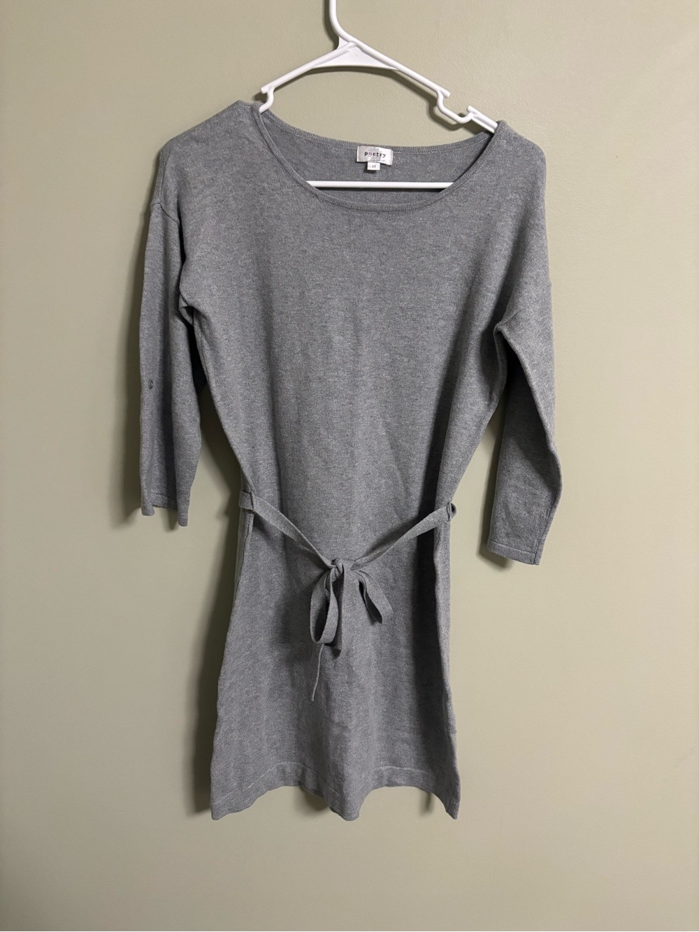 Poetry Gray Knit Tie Waist Sweater Dress 3/4 Sleeve Size XS Belt Knit Minimalist